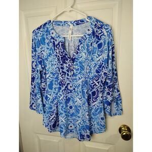Ny Collection Blouse *M* Blue White Floral Abstract V Neck Roll Tab Sleeve
